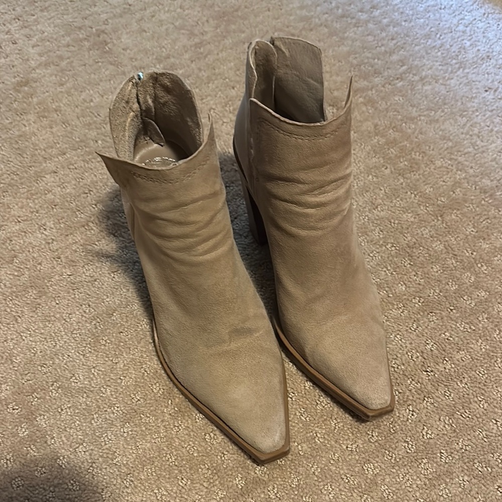 Vince Camuto Taupe Suede Ankle Booties with Western Flair